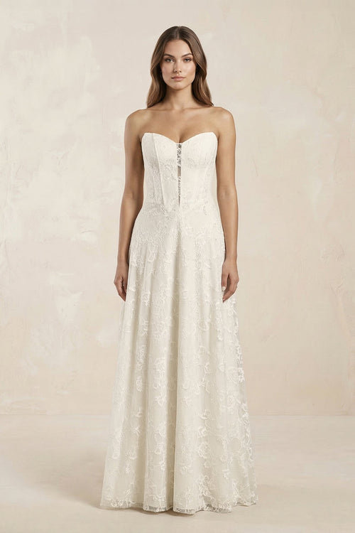 KissProm Sweetheart A-Line Corset Lace Wedding Dress in Ivory, Ivory / 12