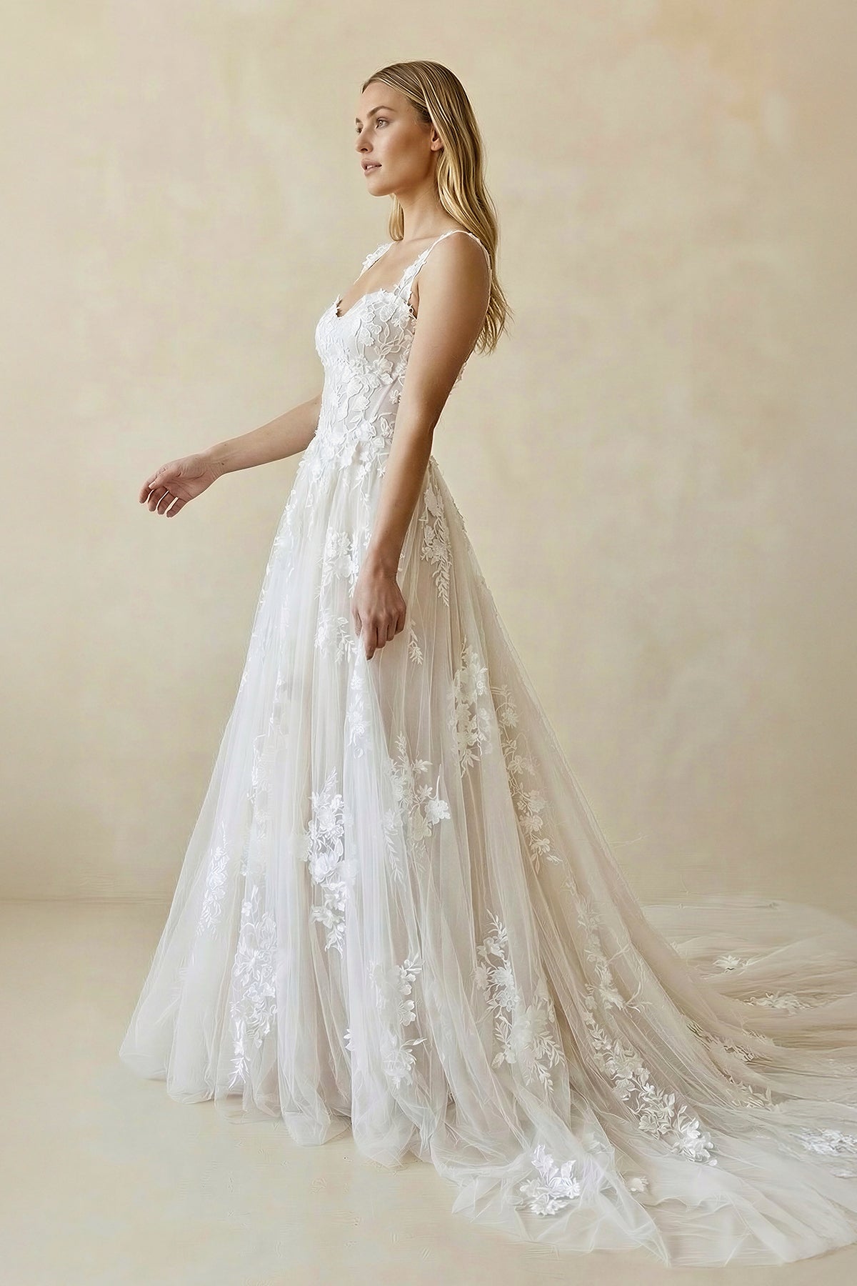 A-Line Straps Sweetheart Wedding Dress with Lace Appliques, White-Nude / 14 A-Line Straps Sweetheart Wedding Dress with Lace Appliques, White-Nude / 14