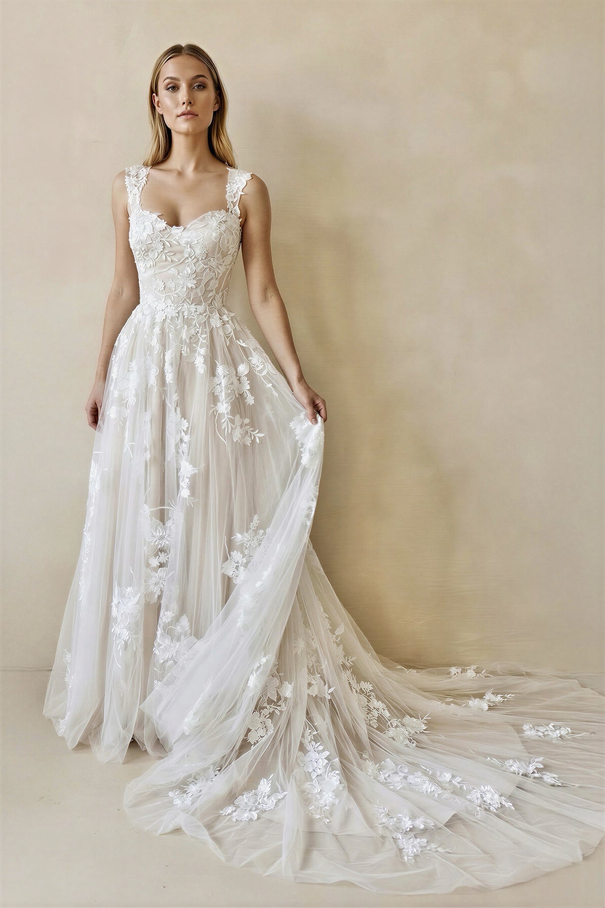KissProm A-Line Straps Sweetheart Wedding Dress with Lace Appliques, White-Nude / 14