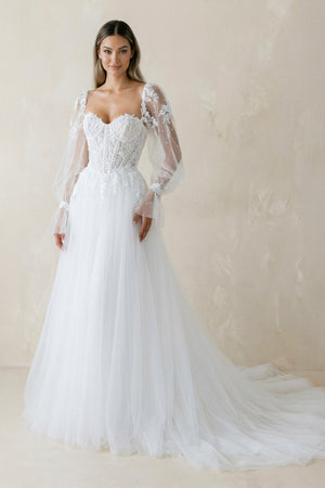 Sweetheart A Line Long Sleeves Tulle Wedding Dress in White - KissProm Wedding Dresses