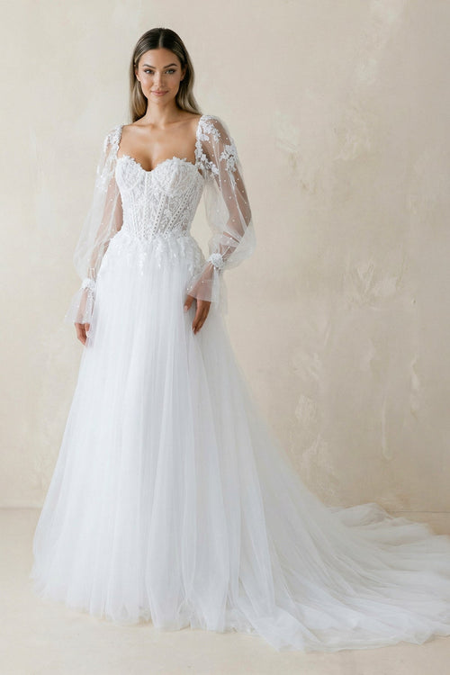 Sweetheart A Line Long Sleeves Tulle Wedding Dress in White - KissProm Wedding Dresses