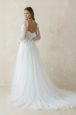 Sweetheart A Line Long Sleeves Tulle Wedding Dress in White - KissProm Wedding Dresses