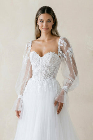 Sweetheart A Line Long Sleeves Tulle Wedding Dress in White - KissProm Wedding Dresses