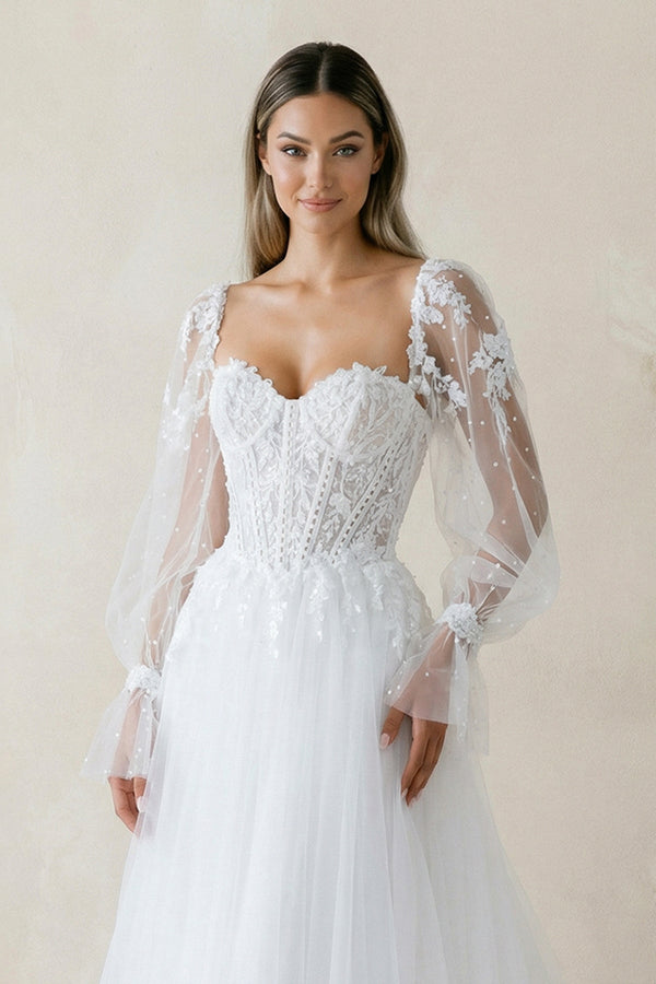 Sweetheart A Line Long Sleeves Tulle Wedding Dress in White - KissProm Wedding Dresses