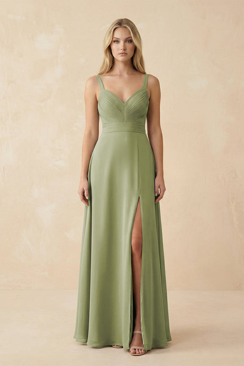 KissProm Sweetheart A-Line Pleated Chiffon Bridesmaid Dress in Moss Green, Moss Green / 18