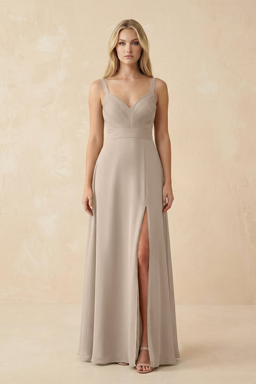 Sweetheart A - Line Pleated Chiffon Bridesmaid Dress in Almond - KissProm Bridesmaid Dresses