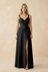 Sweetheart A - Line Pleated Chiffon Bridesmaid Dress in Black - KissProm Bridesmaid Dresses