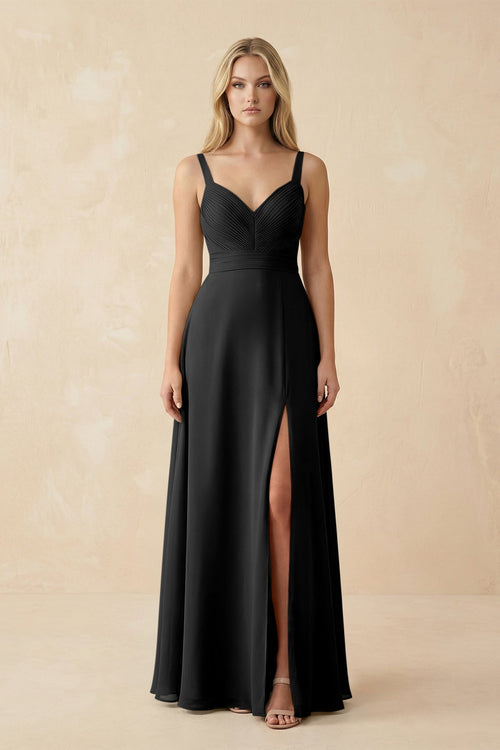 Sweetheart A - Line Pleated Chiffon Bridesmaid Dress in Black - KissProm Bridesmaid Dresses