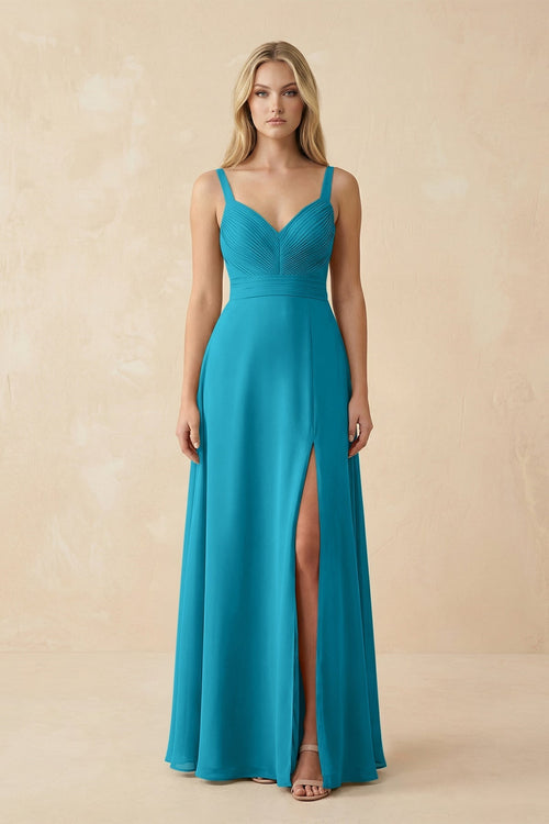 Sweetheart A - Line Pleated Chiffon Bridesmaid Dress in Blue Jay - KissProm Bridesmaid Dresses