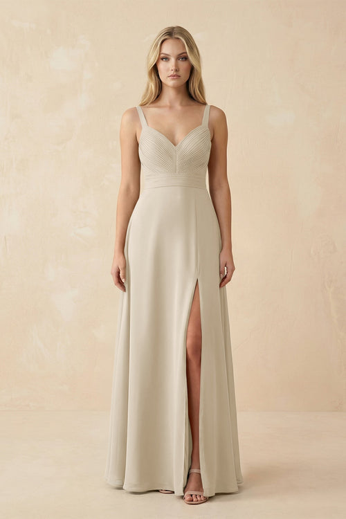 Sweetheart A - Line Pleated Chiffon Bridesmaid Dress in Champagne - KissProm Bridesmaid Dresses