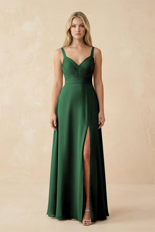 Sweetheart A - Line Pleated Chiffon Bridesmaid Dress in Dark Green - KissProm Bridesmaid Dresses