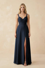 Sweetheart A - Line Pleated Chiffon Bridesmaid Dress in Dark Navy - KissProm Bridesmaid Dresses