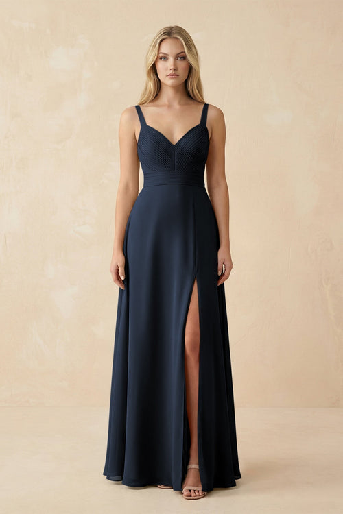 Sweetheart A - Line Pleated Chiffon Bridesmaid Dress in Dark Navy - KissProm Bridesmaid Dresses