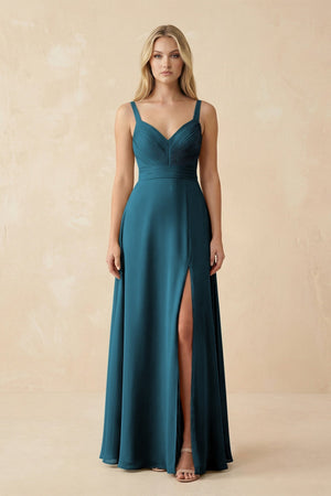 Sweetheart A - Line Pleated Chiffon Bridesmaid Dress in Dark Teal - KissProm Bridesmaid Dresses