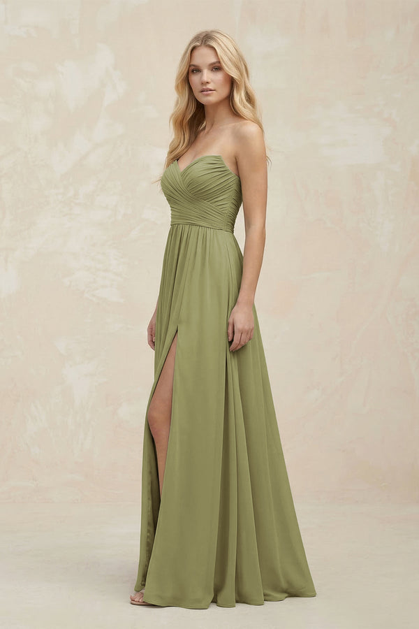 Sweetheart A - Line Pleated Chiffon Bridesmaid Dress in Moss Green - KissProm Bridesmaid Dresses