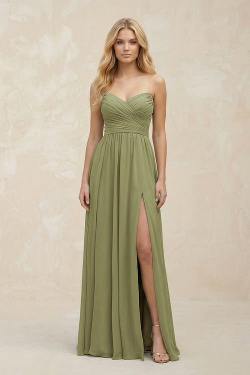 Sweetheart A - Line Pleated Chiffon Bridesmaid Dress in Moss Green - KissProm Bridesmaid Dresses
