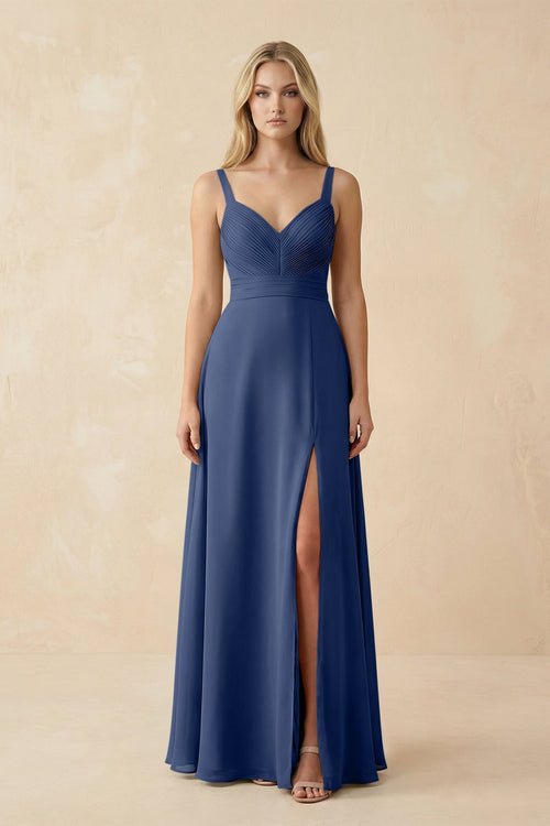 Sweetheart A - Line Pleated Chiffon Bridesmaid Dress in Navy - KissProm Bridesmaid Dresses