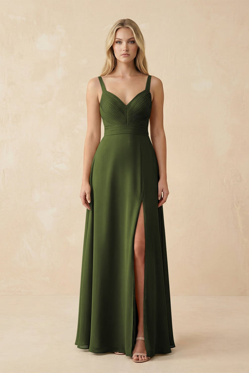 Sweetheart A - Line Pleated Chiffon Bridesmaid Dress in Olive - KissProm Bridesmaid Dresses
