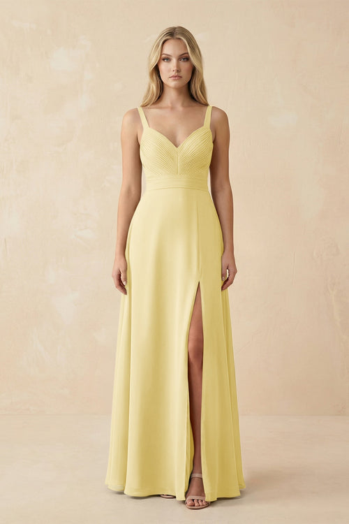 Sweetheart A - Line Pleated Chiffon Bridesmaid Dress in Pastel Yellow - KissProm Bridesmaid Dresses
