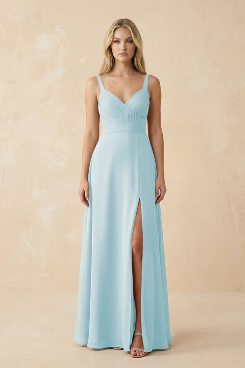 Sweetheart A - Line Pleated Chiffon Bridesmaid Dress in Sky Blue - KissProm Bridesmaid Dresses