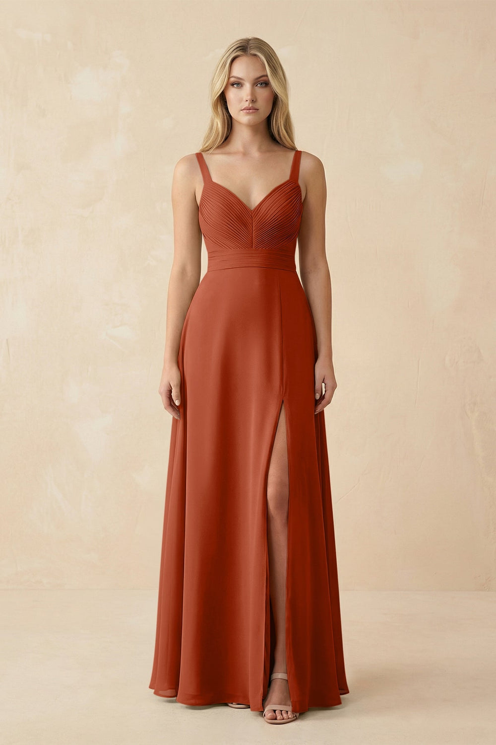 Sweetheart A - Line Pleated Chiffon Bridesmaid Dress in Spice - KissProm Bridesmaid Dresses