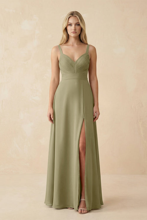 Sweetheart A - Line Pleated Chiffon Bridesmaid Dress in Thyme - KissProm Bridesmaid Dresses