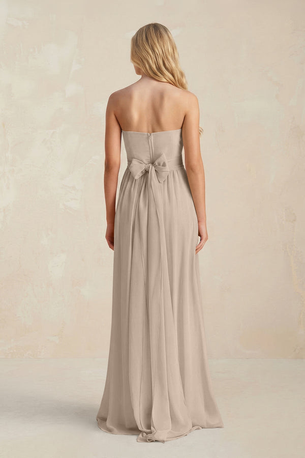 Strapless A - Line Pleated Chiffon Bridesmaid Dress With Slit in Almond - KissProm Bridesmaid Dresses