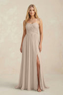 Strapless A - Line Pleated Chiffon Bridesmaid Dress With Slit in Almond - KissProm Bridesmaid Dresses