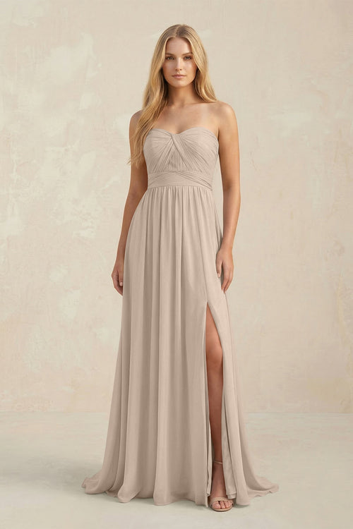 Strapless A - Line Pleated Chiffon Bridesmaid Dress With Slit in Almond - KissProm Bridesmaid Dresses