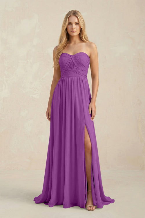 Strapless A - Line Pleated Chiffon Bridesmaid Dress With Slit in Amethyst - KissProm Bridesmaid Dresses