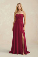 Strapless A - Line Pleated Chiffon Bridesmaid Dress With Slit in Berry - KissProm Bridesmaid Dresses