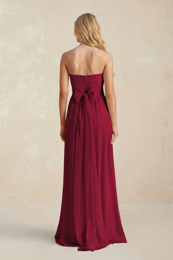 Strapless A - Line Pleated Chiffon Bridesmaid Dress With Slit in Berry - KissProm Bridesmaid Dresses