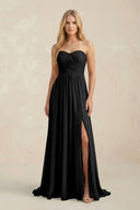 Strapless A - Line Pleated Chiffon Bridesmaid Dress With Slit in Black - KissProm Bridesmaid Dresses