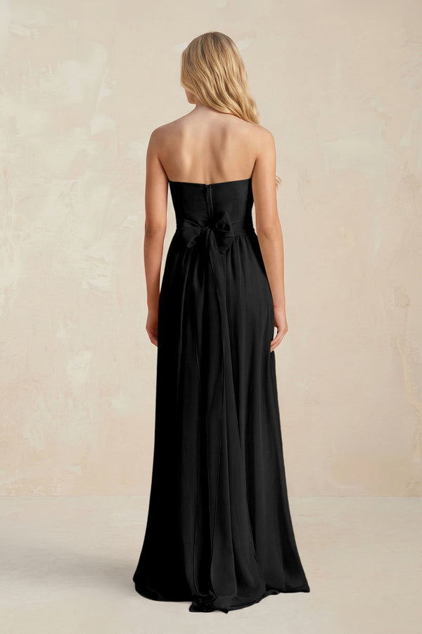 Strapless A - Line Pleated Chiffon Bridesmaid Dress With Slit in Black - KissProm Bridesmaid Dresses