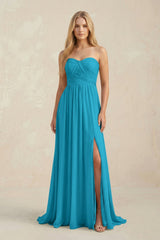 Strapless A - Line Pleated Chiffon Bridesmaid Dress With Slit in Blue Jay - KissProm Bridesmaid Dresses