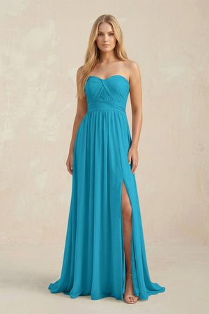 Strapless A - Line Pleated Chiffon Bridesmaid Dress With Slit in Blue Jay - KissProm Bridesmaid Dresses