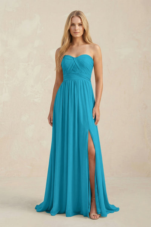 Strapless A - Line Pleated Chiffon Bridesmaid Dress With Slit in Blue Jay - KissProm Bridesmaid Dresses