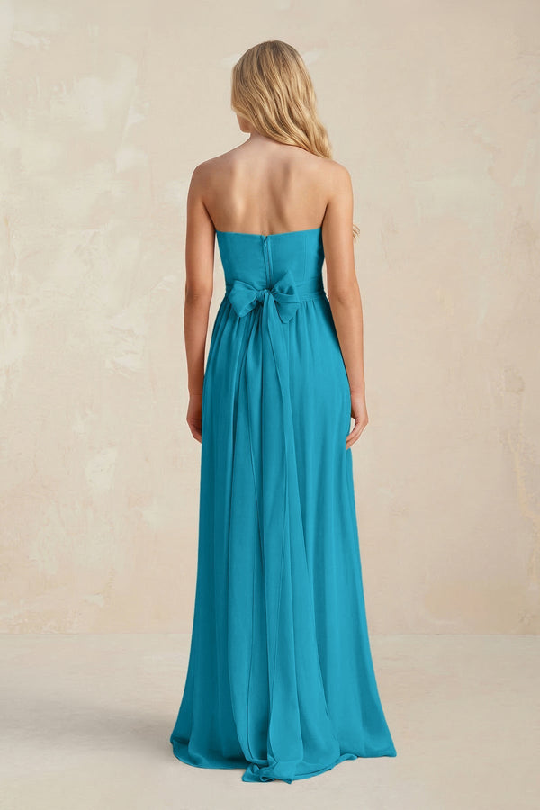 Strapless A - Line Pleated Chiffon Bridesmaid Dress With Slit in Blue Jay - KissProm Bridesmaid Dresses