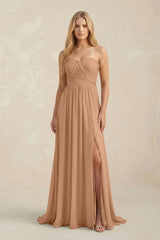 Strapless A - Line Pleated Chiffon Bridesmaid Dress With Slit in Bronzer - KissProm Bridesmaid Dresses