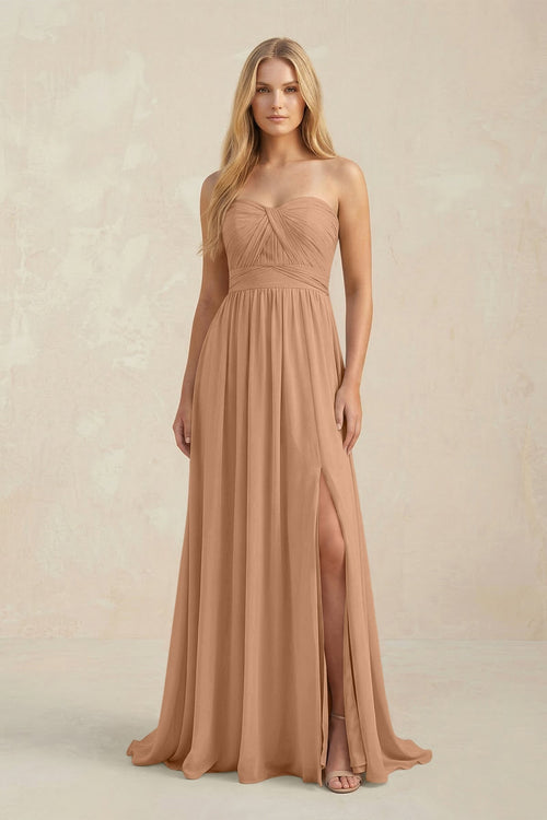 Strapless A - Line Pleated Chiffon Bridesmaid Dress With Slit in Bronzer - KissProm Bridesmaid Dresses