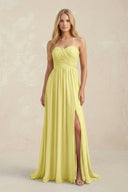 Strapless A - Line Pleated Chiffon Bridesmaid Dress With Slit in Buttercup - KissProm Bridesmaid Dresses