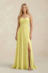 Strapless A - Line Pleated Chiffon Bridesmaid Dress With Slit in Buttercup - KissProm Bridesmaid Dresses