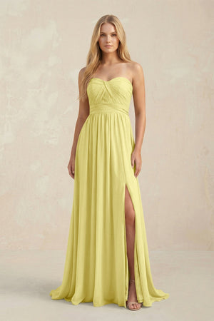 Strapless A - Line Pleated Chiffon Bridesmaid Dress With Slit in Buttercup - KissProm Bridesmaid Dresses