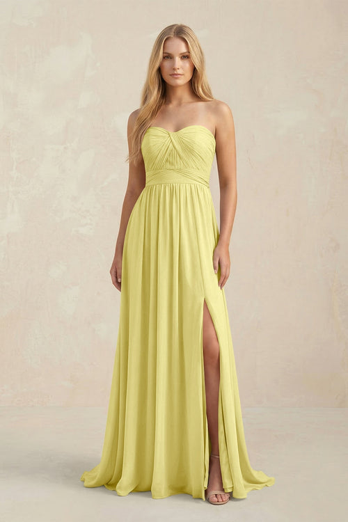 Strapless A - Line Pleated Chiffon Bridesmaid Dress With Slit in Buttercup - KissProm Bridesmaid Dresses