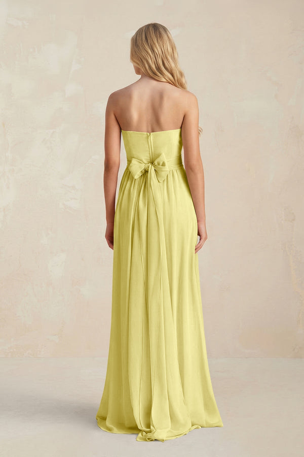 Strapless A - Line Pleated Chiffon Bridesmaid Dress With Slit in Buttercup - KissProm Bridesmaid Dresses
