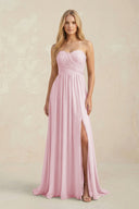 Strapless A - Line Pleated Chiffon Bridesmaid Dress With Slit in Candy Pink - KissProm Bridesmaid Dresses