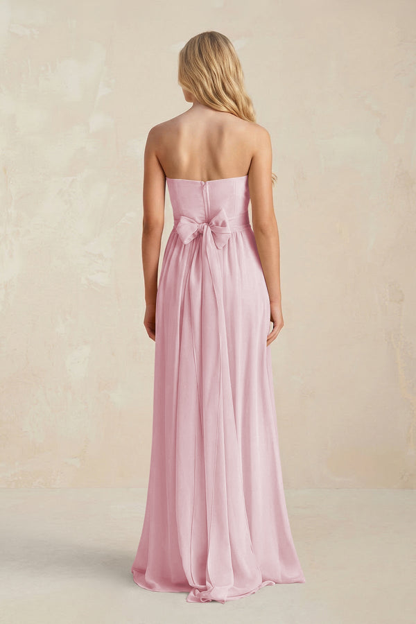 Strapless A - Line Pleated Chiffon Bridesmaid Dress With Slit in Candy Pink - KissProm Bridesmaid Dresses