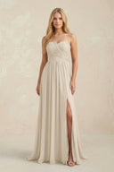 Strapless A - Line Pleated Chiffon Bridesmaid Dress With Slit in Champagne - KissProm Bridesmaid Dresses