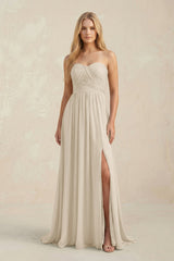 Strapless A - Line Pleated Chiffon Bridesmaid Dress With Slit in Champagne - KissProm Bridesmaid Dresses
