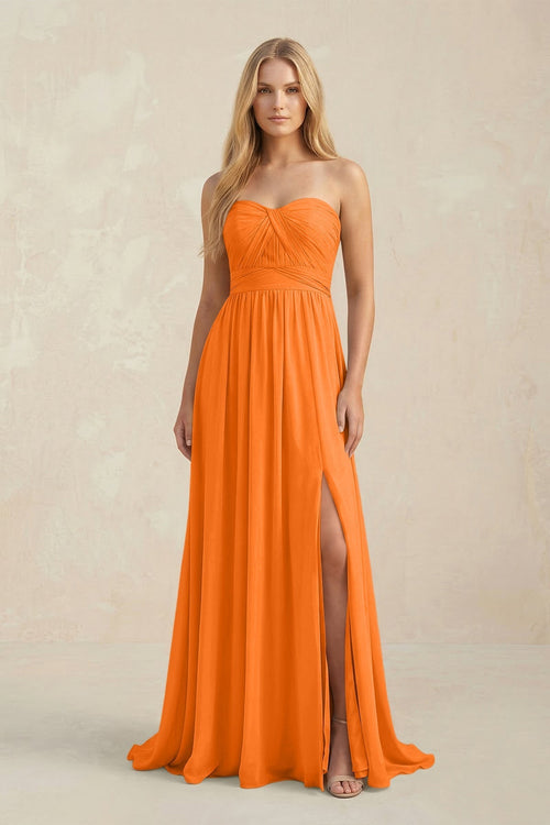 Strapless A - Line Pleated Chiffon Bridesmaid Dress With Slit in Cinnamon - KissProm Bridesmaid Dresses